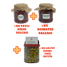 3 LÜ PAKET  (1 KG LIK PET KIRMA YEŞİL ZEYTİN + 1 KG TATLI BİBER SALÇASI + 1 KG DOMATES SALÇASI)